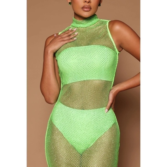 Fashion Nova Luxe Neon Green Lime Nadiya Embellished Fishnet Midi Dress Size XL - Picture 4 of 8
